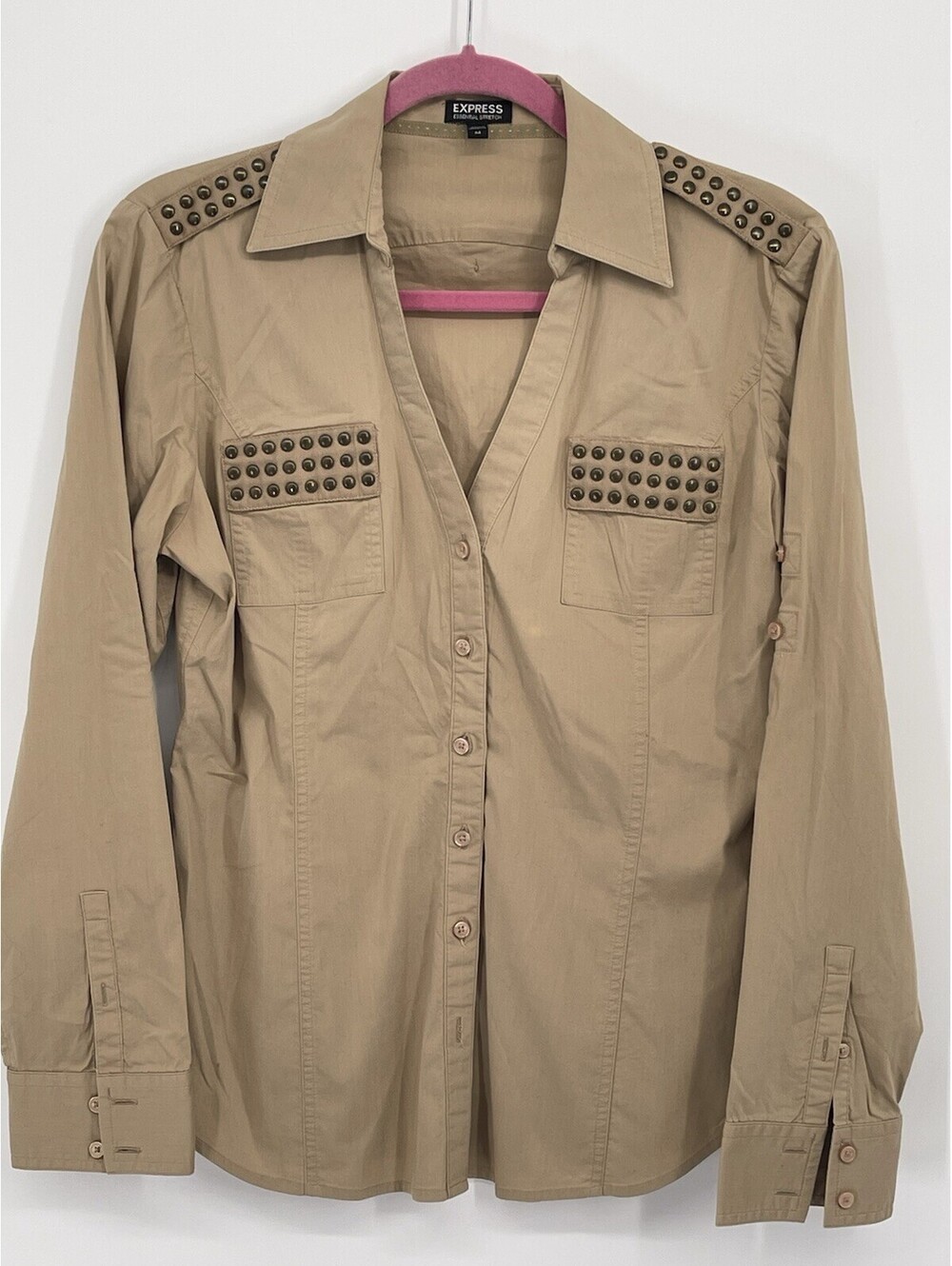 Express Stretch M Tan Studded Button Down Utility Shirt Western Military Inspire